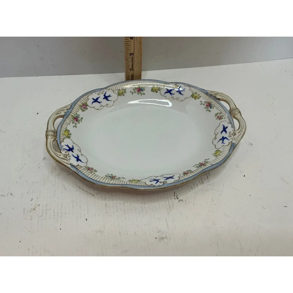 Nippon Vintage Hand Painted Porcelain Dish Blue Bird Floral Gold Trim 10.5in